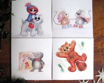 Cute Animal Christmas Cards, pack of 4 Watercolour Illustration, Cute Christmas cards, Animal Christmas Cards, Illustrated Cards, Cute Cards