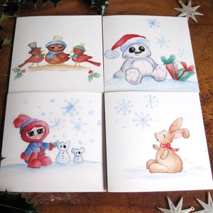 Pack de 4 belles cartes de Noël, mignon, cartes de voeux illustrée, Animal cartes de Noël, cartes, fête cartes, cartes de Noël