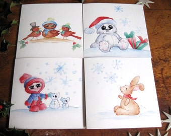 Pack of 4 beautiful Christmas cards, cute cards, Illustrated greetings Cards, Animal Christmas Cards, Cards, festive cards, Christmas cards