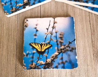 Butterfly Stone Coasters ~ Set of 4 ~ Handmade Stone Coasters ~ Rustic Coasters ~ Butterflies ~ Coaster Set ~ Butterfly Coasters ~