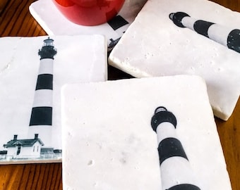 NC Lighthouse Coasters ~ Outer Banks NC ~ Set of 4 ~ Handmade Stone Coasters ~ Beach Coasters ~ Beach Decor ~ Bodie Island Lighthouse ~ NC