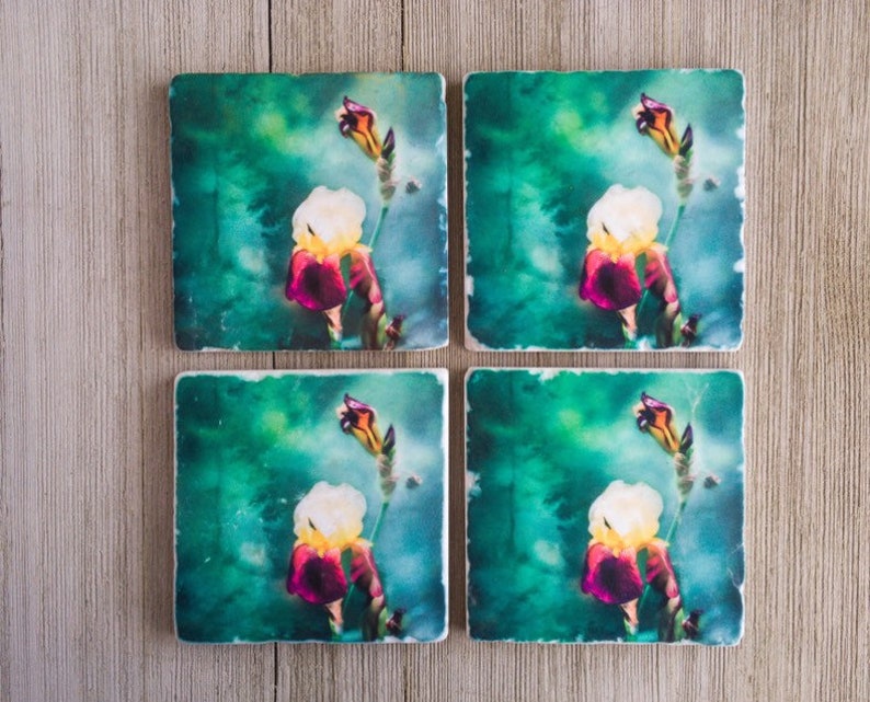 Iris Flowers Coasters ~ Watercolor Flower Drink Coasters ~ Handmade Stone Coaster Set ~ Floral Coasters ~ Coaster Set ~ Marble Coasters