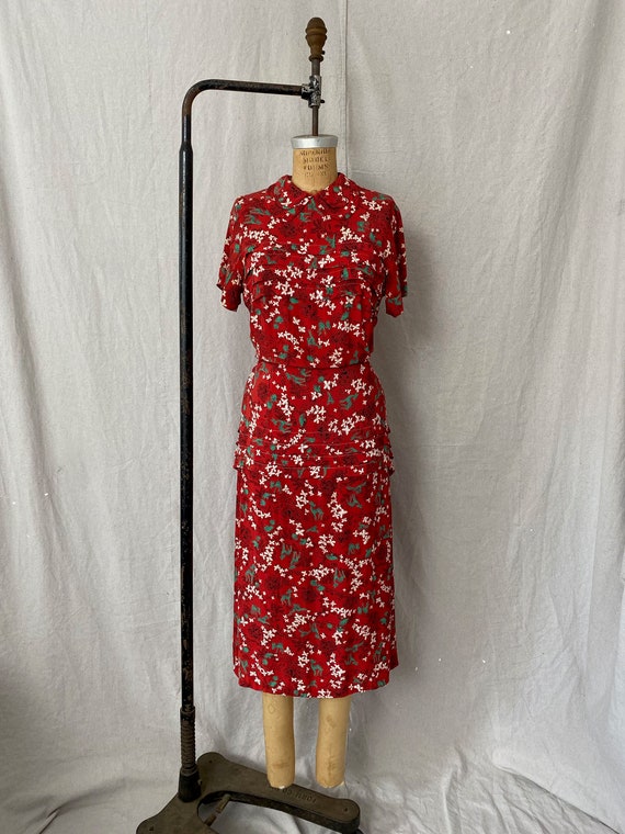 1940s Deer & Mushroom Novelty Print Rayon Dress wi