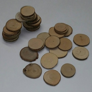 10 Pieces of Small Natural Raw Wood Disc Slices with Bark, Averages About 1.5" Diameter x 3/16" Thick