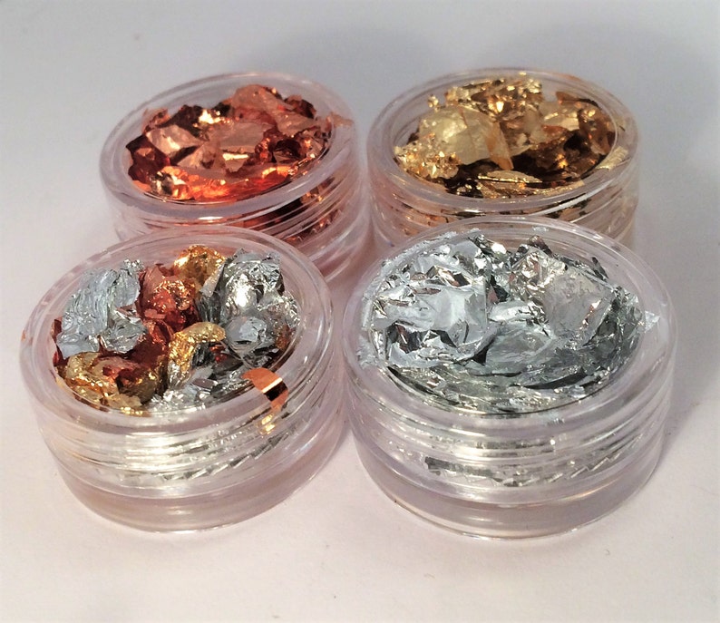 Gold copper silver gold leaf metallic flakes for makeup art craft jewelry accessories making Set of four jars