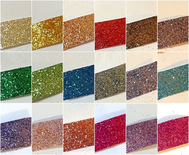 May include: A collection of 18 different colors of glitter, each displayed on a white background. The glitter is arranged in rows of three, with each row containing six different colors.