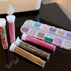 Selection of mix randomly of micro glass pearl caviar nail beads, polymer clay, resin art
