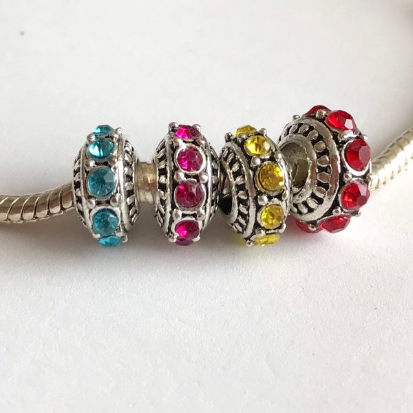 Perles d’espacement à grand trou en argent tibétain CZ s’adaptent à Charm European Bracelet, perles à chèque en cristal d’argent d’espacement pour chaîne épaisse, cuir, daim