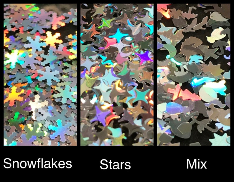 May include: Three close-up images of iridescent glitter. The first image shows snowflakes, the second image shows stars, and the third image shows a mix of snowflakes, stars, and other shapes.