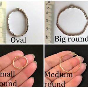 May include: Four different sizes of metal rings, two silver and two gold. The rings are all textured and have a small hole at the top. The rings are labeled "Oval", "Big round", "Small round", and "Medium round".