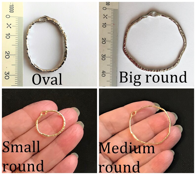 May include: Four different sizes of metal rings, two silver and two gold. The rings are all textured and have a small hole at the top. The rings are labeled "Oval", "Big round", "Small round", and "Medium round".