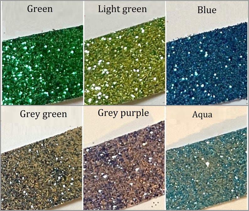 May include: Six samples of glitter in different colors: green, light green, blue, grey green, grey purple, and aqua.