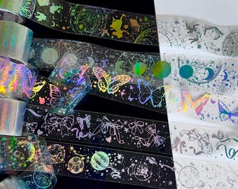 Holografisches, wasserfestes Laserband aus Kunststoff, geeignet für Planeten- und Schmetterlingsdekorationen, Tagebuch-, Album- und Handyaufkleber sowie Kunstharz- und Scrapbooking-Projekte
