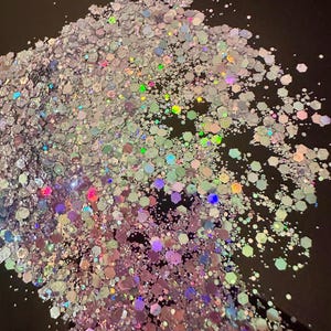 May include: A pile of iridescent glitter with a mix of hexagonal and smaller shapes. The glitter reflects a range of colors, including pink, green, and blue, against a dark background. Ideal for crafts and decorations.