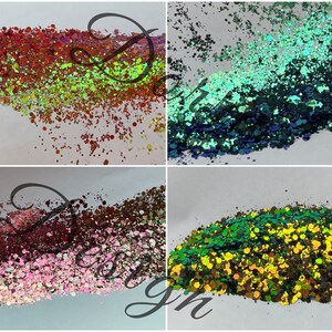 May include: Four close-up images of glitter in various colors. The top left shows red, orange, and green glitter. The top right shows teal and navy glitter. The bottom left shows pink, brown, and burgundy glitter. The bottom right shows green and gold glitter.