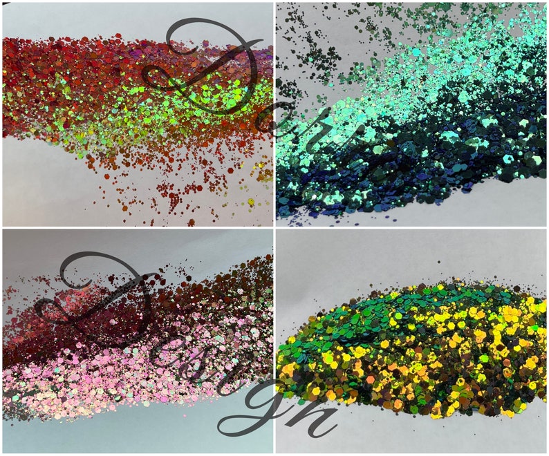 May include: Four close-up images of glitter in various colors. The top left shows red, orange, and green glitter. The top right shows teal and navy glitter. The bottom left shows pink, brown, and burgundy glitter. The bottom right shows green and gold glitter.