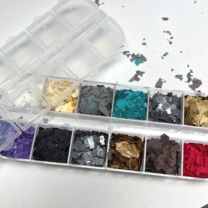 Shard faux mica flakes gold, antique gold, turquoise matte, metallic red , red, brown, green, silver