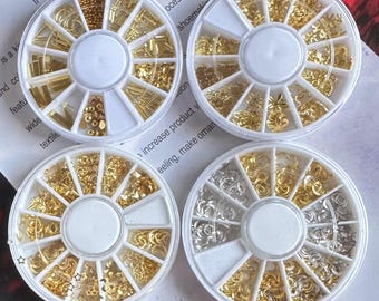 Gold & Silver Nail Art Charms – 3D Mixed Shapes Decoration Wheels – DIY Nail Accessories