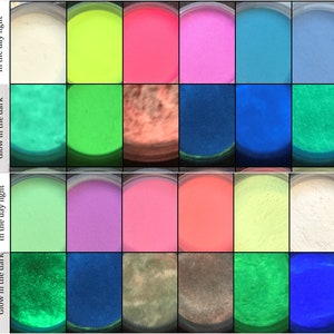 May include: A set of 8 glow-in-the-dark powder pigments in various colors. The powders are shown in two rows, with the top row showing the colors in daylight and the bottom row showing the colors glowing in the dark.