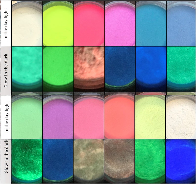 May include: A set of 8 glow-in-the-dark powder pigments in various colors. The powders are shown in two rows, with the top row showing the colors in daylight and the bottom row showing the colors glowing in the dark.