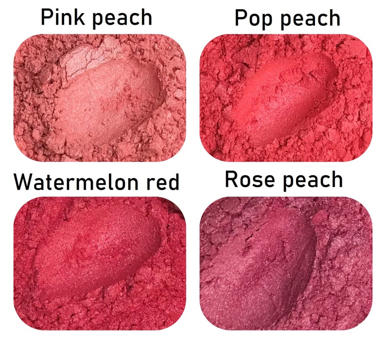 May include: Four samples of mica powder in shades of pink and red. The colours are labelled "Pink peach", "Pop peach", "Watermelon red", and "Rose peach".