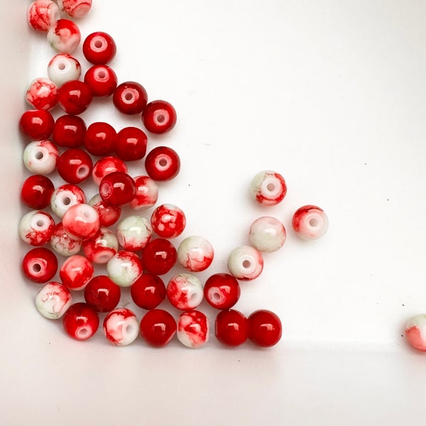 55 pcs 6mm red, Double Color Glass Pearl Round Spacer Loose Beads, jewelry making, beading