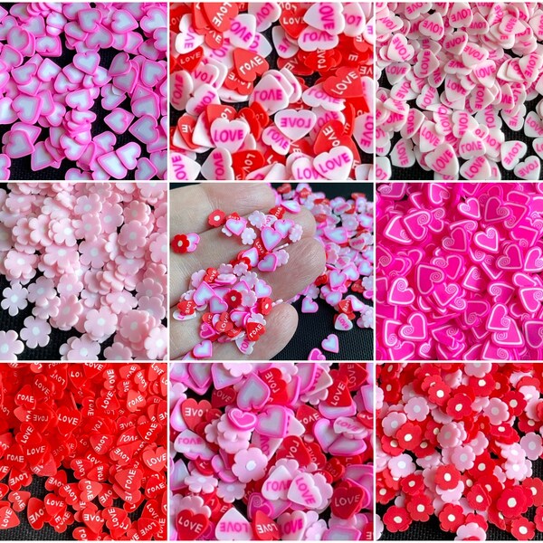 Mini tranches de canne en argile polymère, couleur rose rouge, fleur de cœur, saupoudrage de résine pour ongles, projets d'artisanat kawaii