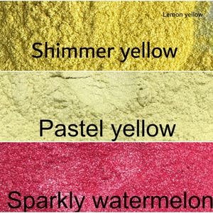 May include: Three samples of glitter in different colours: lemon yellow, shimmer yellow, and pastel yellow. The bottom sample is sparkly watermelon.