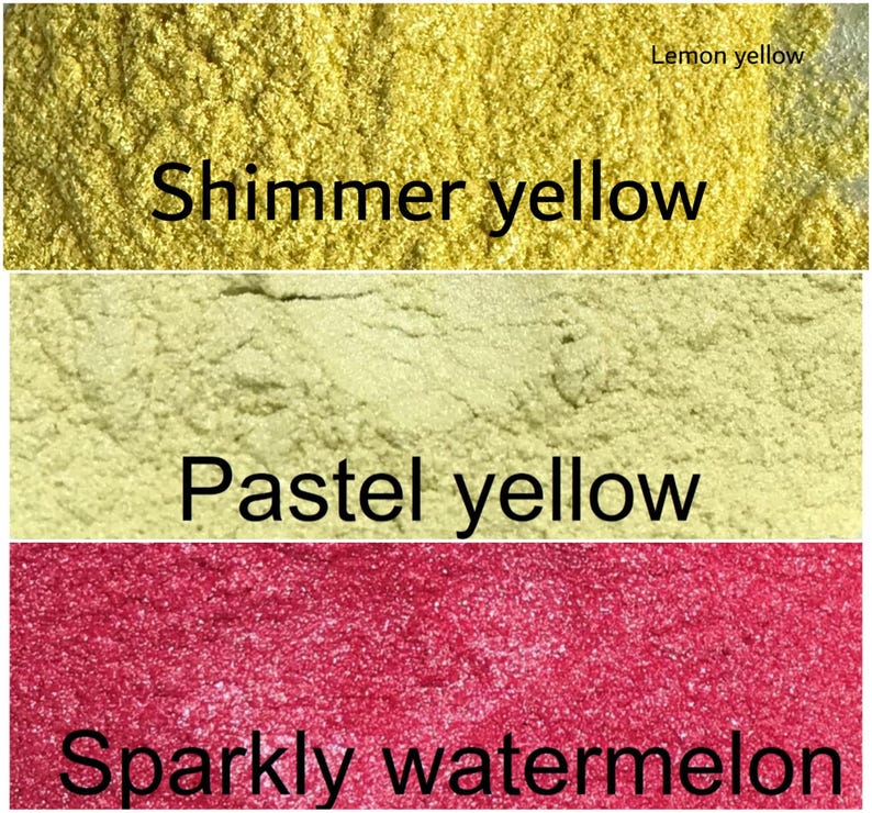 May include: Three samples of glitter in different colours: lemon yellow, shimmer yellow, and pastel yellow. The bottom sample is sparkly watermelon.