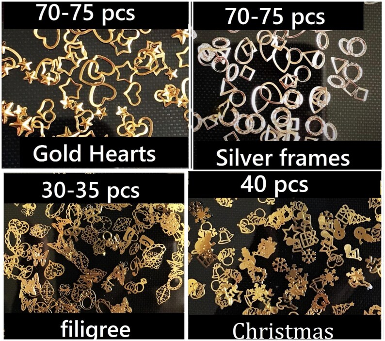 Op de afbeelding: Assortiment van gouden en zilveren nagelkunstcharms. De charms omvatten harten, sterren, frames, filigraan en kerstthema-ontwerpen. De afbeelding toont vier verschillende sets charms met de hoeveelheid van elke set.