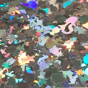 May include: A variety of iridescent glitter shapes, including stars, seashells, and fish, in a loose pile. The glitter is holographic and reflects light in many colors.