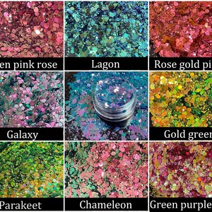 May include: A collection of colorful glitter in various shades, including green, pink, gold, and purple. The glitter is displayed in small containers and in loose piles, with labels such as "Green pink rose" and "Galaxy".