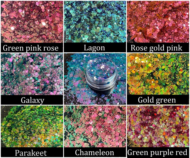 May include: A collection of colorful glitter in various shades, including green, pink, gold, and purple. The glitter is displayed in small containers and in loose piles, with labels such as "Green pink rose" and "Galaxy".