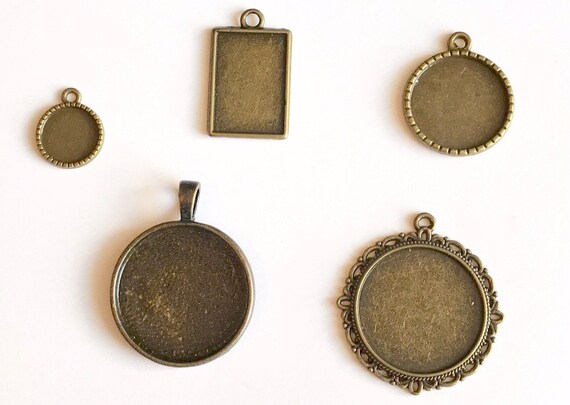 5PCs Bronze Tone Round Cabochon Setting Brooches Hollow Flower HA