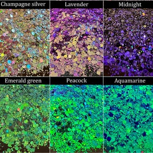 May include: Close-up of six glitter samples in various colors. The colors are labeled: Champagne silver, Lavender, Midnight, Emerald green, Peacock, and Aquamarine. The glitter is in various shapes and sizes, creating a sparkling effect.