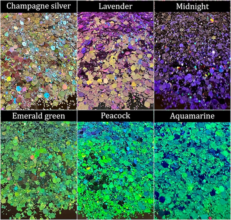 May include: Close-up of six glitter samples in various colors. The colors are labeled: Champagne silver, Lavender, Midnight, Emerald green, Peacock, and Aquamarine. The glitter is in various shapes and sizes, creating a sparkling effect.