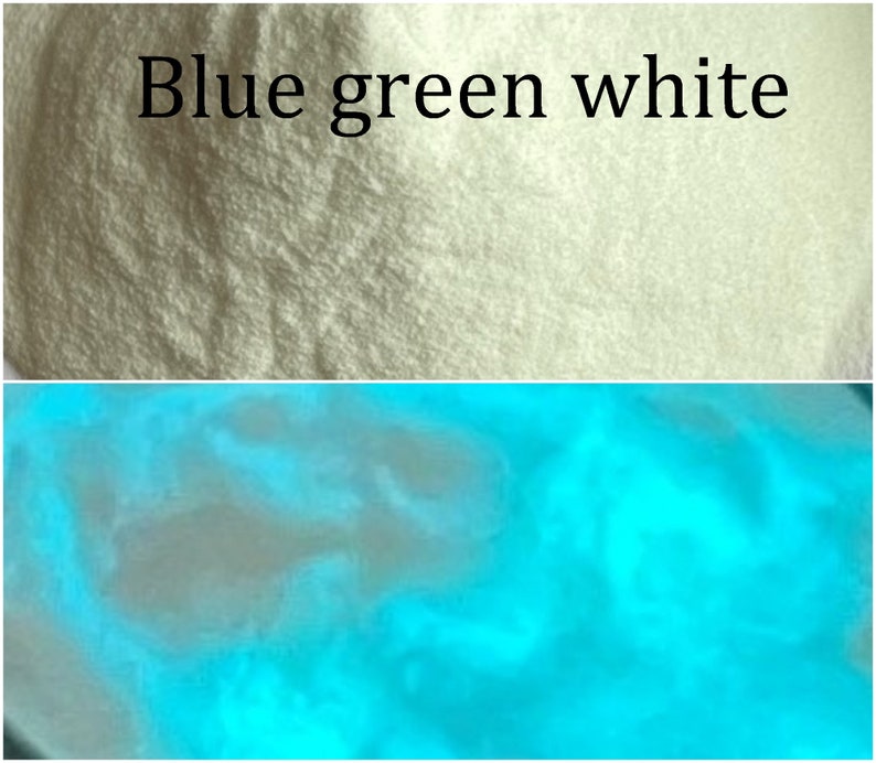 May include: A close-up of a white powder that glows blue-green under a black light. The powder is labeled "Blue green white".