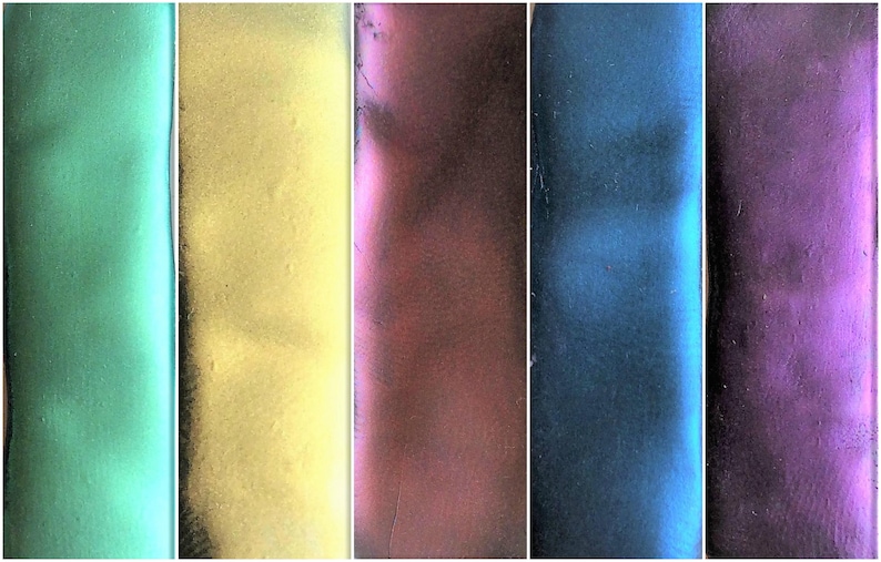 May include: Five vertical panels of different colors. The panels are a teal green, a pale yellow, a burgundy red, a dark blue, and a purple.