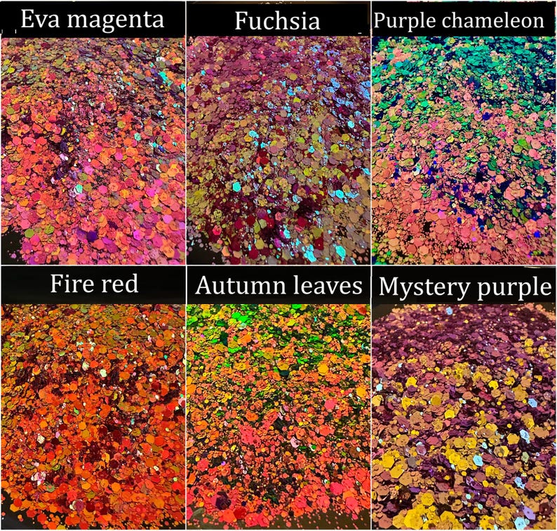 May include: A collection of six glitter samples in various colors. The samples are labeled "Eva magenta," "Fuchsia," "Purple chameleon," "Fire red," "Autumn leaves," and "Mystery purple." The glitter appears to be hexagonal in shape and reflects light.