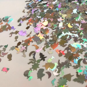 May include: A variety of iridescent holographic glitter shapes, including stars, moons, unicorns, and palm trees. The glitter is scattered on a white surface.