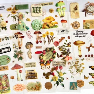 4 feuilles d'autocollants transparents, champignons, fleurs, fées, en plastique, imperméables, pour ordinateur portable, journal, planificateur, scrapbooking, autocollant en résine