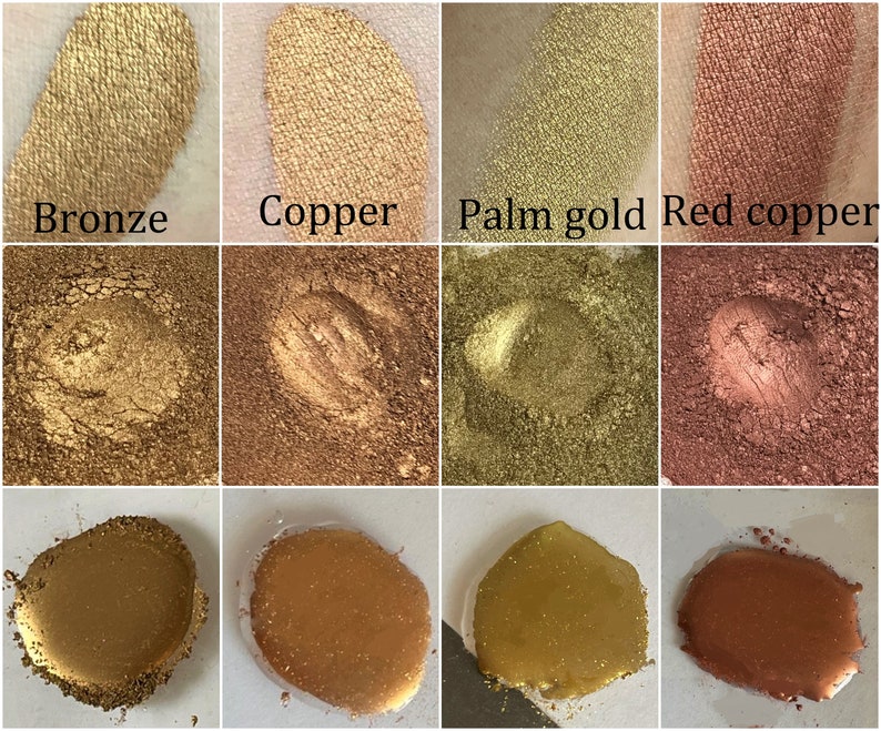 K&ouml;nnte beinhalten: Eine Sammlung metallischer Lidschatten-Swatches in Bronze, Kupfer, Palm Gold und Rotkupfer. Das Bild zeigt den Lidschatten in verschiedenen Formen, einschlie&szlig;lich Puder und Creme, mit den Namen jeder Farbe darunter.