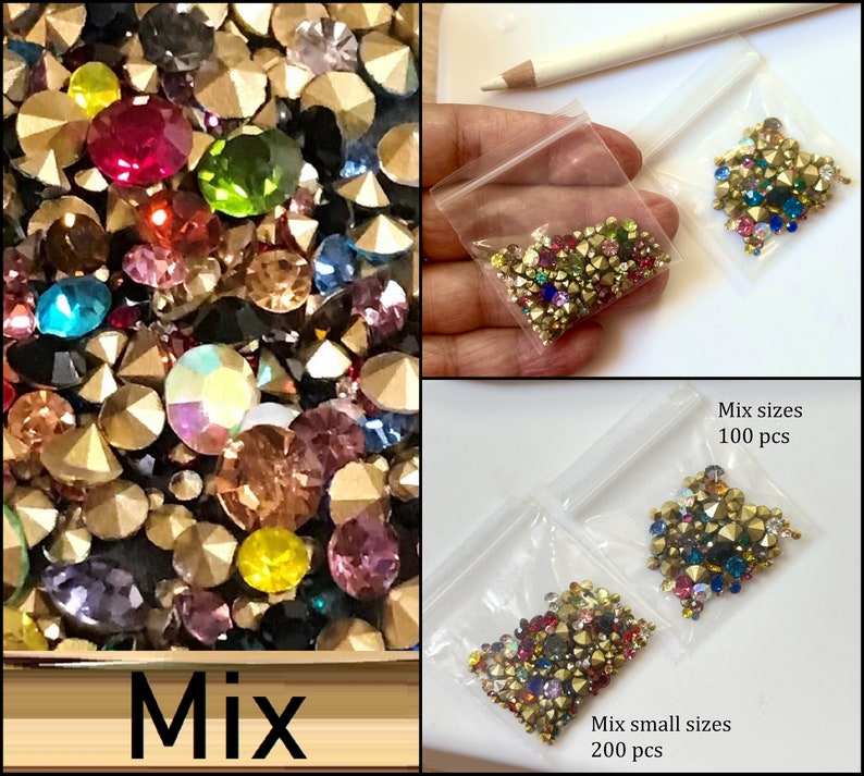 May include: Two bags of colorful rhinestones in various sizes. The bag on the left contains 200 pieces and the bag on the right contains 100 pieces.  The text on the image reads "Mix small sizes 200 pcs" and "Mix sizes 100 pcs".