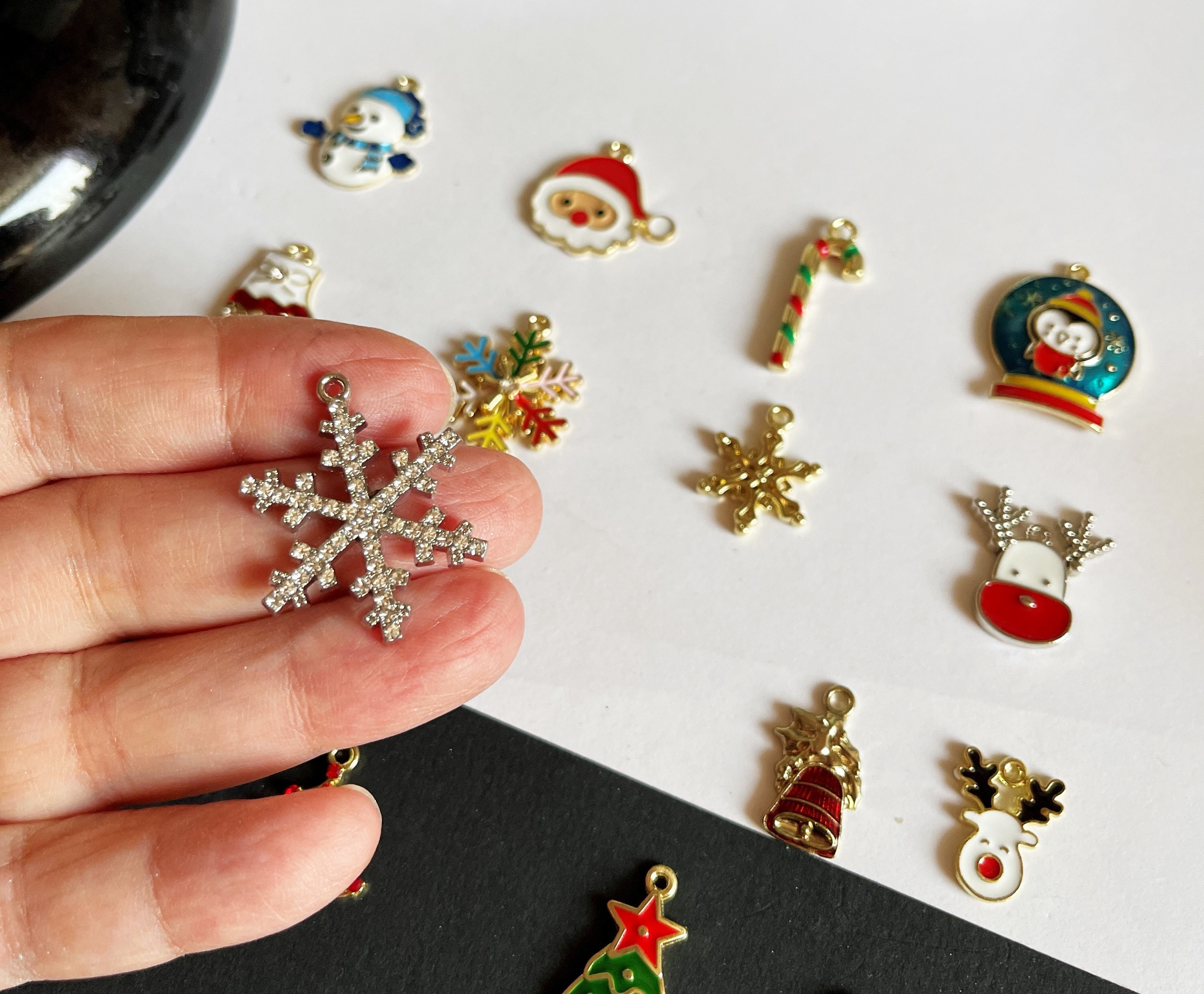 SUNNYCLUE 1 Box DIY 10 Pairs Christmas Enamel Charms Earring Making Kit  Jingle Bell Charms for Jewelry Making Rhinestone Christmas Charms Snowflake