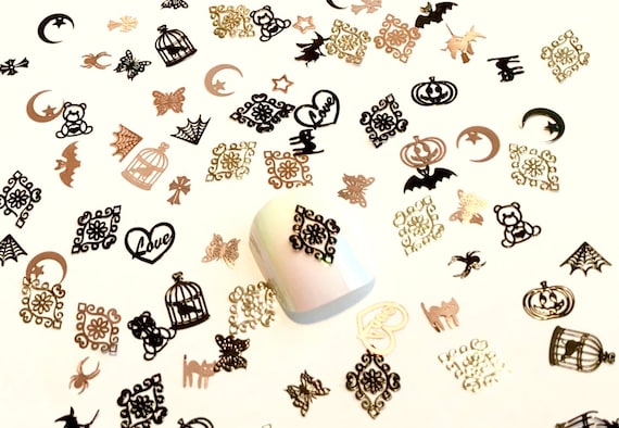 40 pcs Mixed style black silver gold metal nail foil decals slice 3d nail art, Resin art sequin stud