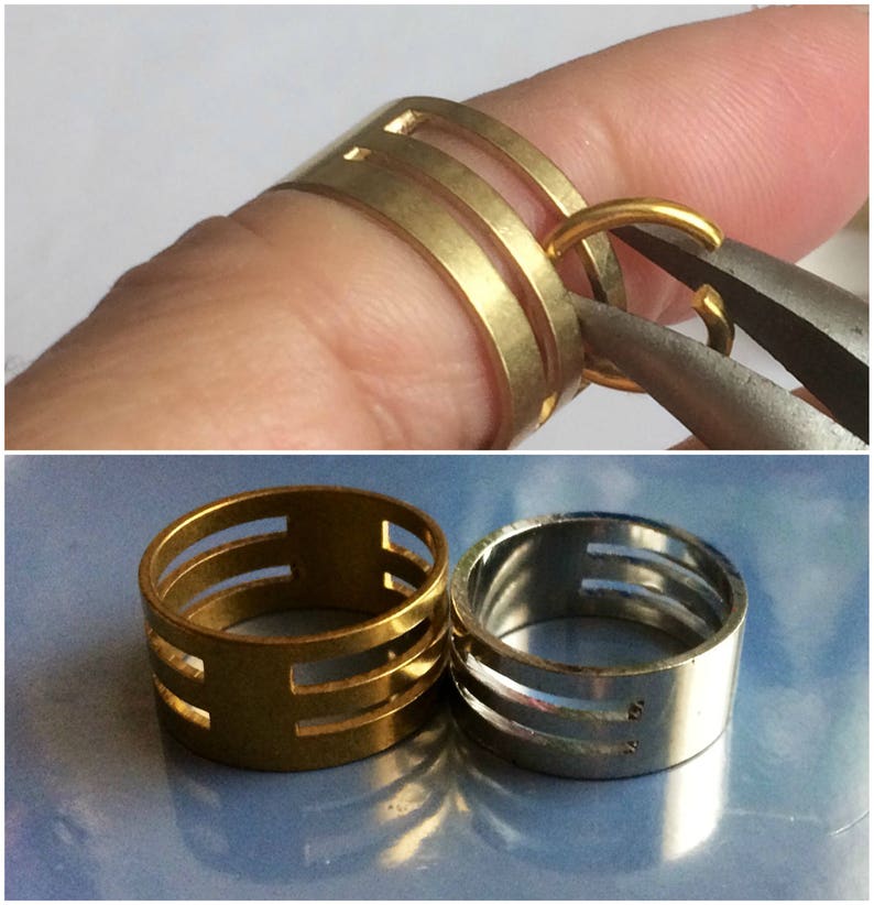 May include: Gold-toned metal rings with a layered design. One ring is being worked on with pliers. Another ring is on a finger. A silver-toned ring with the letter "S" is also shown. Jewelry.