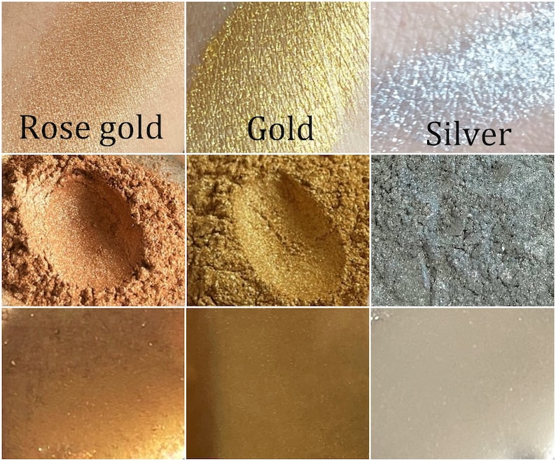 K&ouml;nnte beinhalten: Eine Sammlung metallischer Puder in Ros&eacute;gold-, Gold- und Silberfarben. Das Bild zeigt die Puder in verschiedenen Formen, einschlie&szlig;lich losem Pigment und Farbfeldern. Der Text kennzeichnet jede Farbe: Ros&eacute;gold, Gold und Silber.