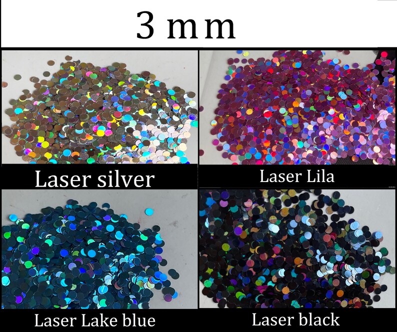 Pu&ograve; includere: Quattro mucchietti di glitter laser da 3 mm in argento, lilla, blu lago e nero.