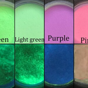 May include: Four small jars of glow-in-the-dark powder. The jars are labeled "Green", "Light green", "Purple", and "Pink". The powder glows brightly in the dark.