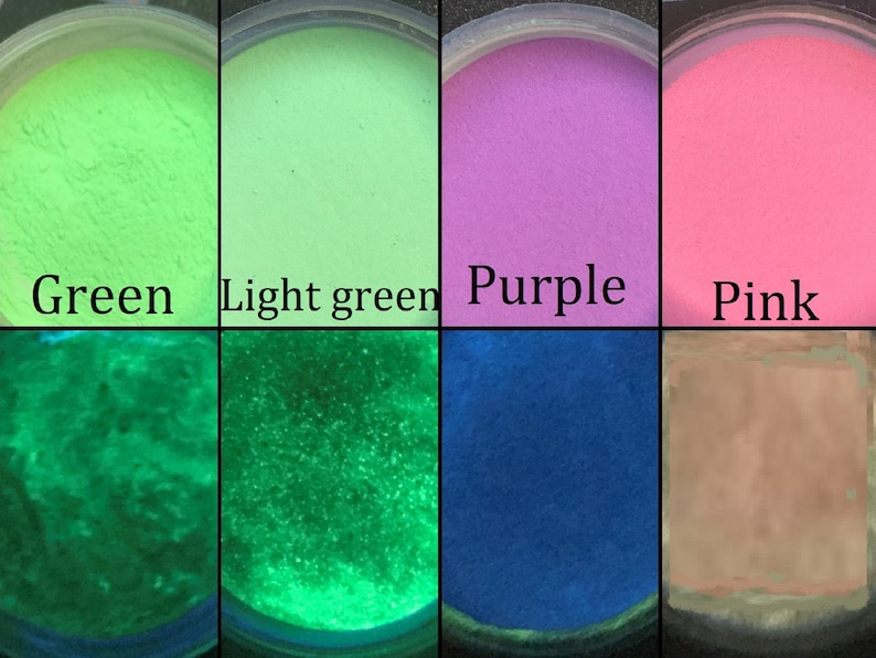 May include: Four small jars of glow-in-the-dark powder. The jars are labeled "Green", "Light green", "Purple", and "Pink". The powder glows brightly in the dark.